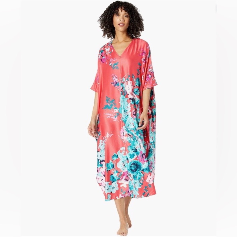 Natori Printed Zipper Caftan, Peach Coral, size Medium
